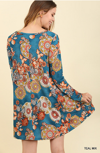 Long Sleeve Teal Mix Floral Print Dress