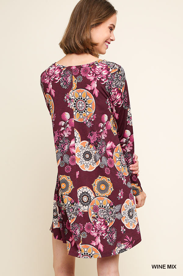 Umgee Wine Mix Long Sleeve Floral Print Dress