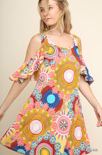 Load image into Gallery viewer, Medallion Print Cold Shoulder Dress with Ruffled Sleeves