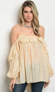 Cream Long Sleeve Ruffled Cold Shoulder Top