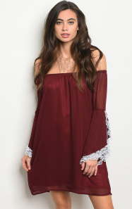 Maroon Off the Shoulder Dress With Lace Trimmed Bell Sleeves
