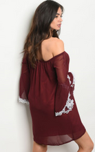 Load image into Gallery viewer, Maroon Off the Shoulder Dress With Lace Trimmed Bell Sleeves