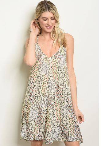 Cream Flower Print Dress with Strappy Beaded Back