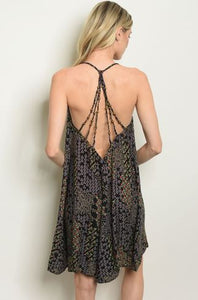 Black Flower Print Dress with Strappy Beaded Back