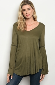 Olive Long Bell Sleeve V-Neck Jersey Top with Sleeve Tie Accents