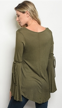 Load image into Gallery viewer, Olive Long Bell Sleeve V-Neck Jersey Top with Sleeve Tie Accents