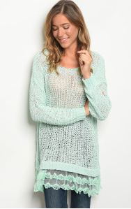 Mint Long Flowy Sweater  With Lace Hemline