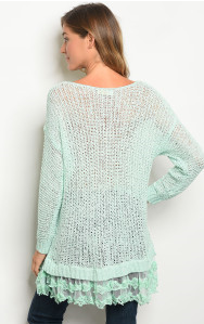 Mint Long Flowy Sweater  With Lace Hemline