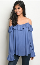 Load image into Gallery viewer, Indigo Long Bell Sleeve Cold Shoulder Knit Top