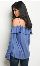 Load image into Gallery viewer, Indigo Long Bell Sleeve Cold Shoulder Knit Top